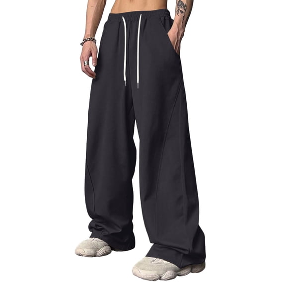 Dresfit Mens Uncuffed Pants Wide Leg Baggy Joggers Loose Fit Open Bottom Drawstring Sweatpants Long Straight Leg Heavyweight Y2k Trousers with Pockets Black L