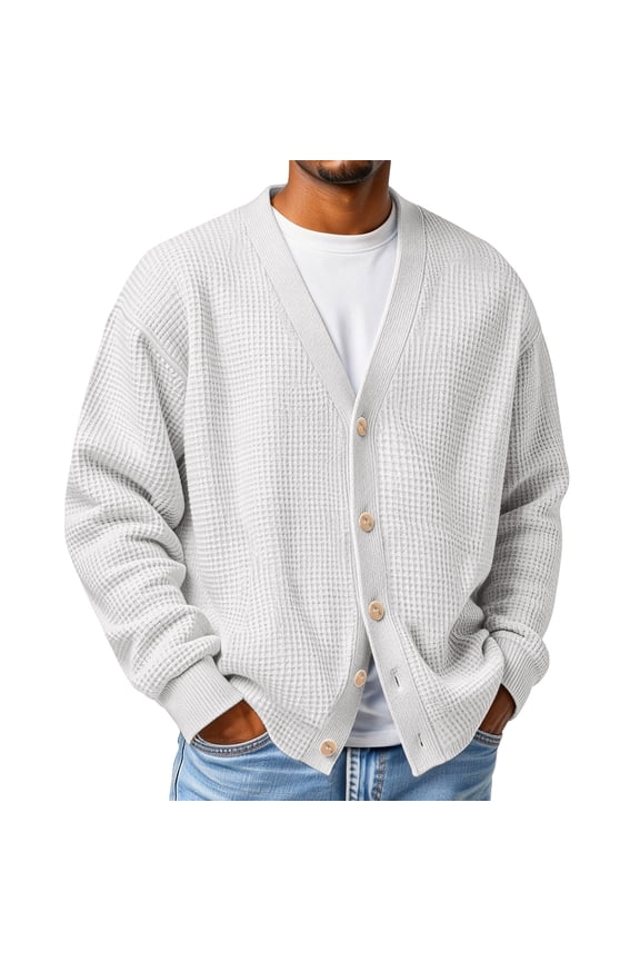 Mens Waffle Shirt Front V Neck Knitted Sweaters Ribbed Button Up Cardigan Sweater Winter Long Sleeve Plus Size Loose Fit Back To School Cardigan Dressy Pullover White S