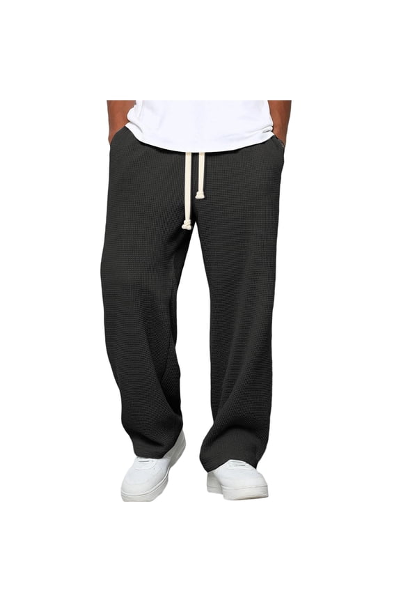 Mens Waffle Sweatpants Textured Wide Leg Pants Trendy Baggy Drawstring Lounge Pant Breathable Textured Dance Sweatpant with Pockets Black L
