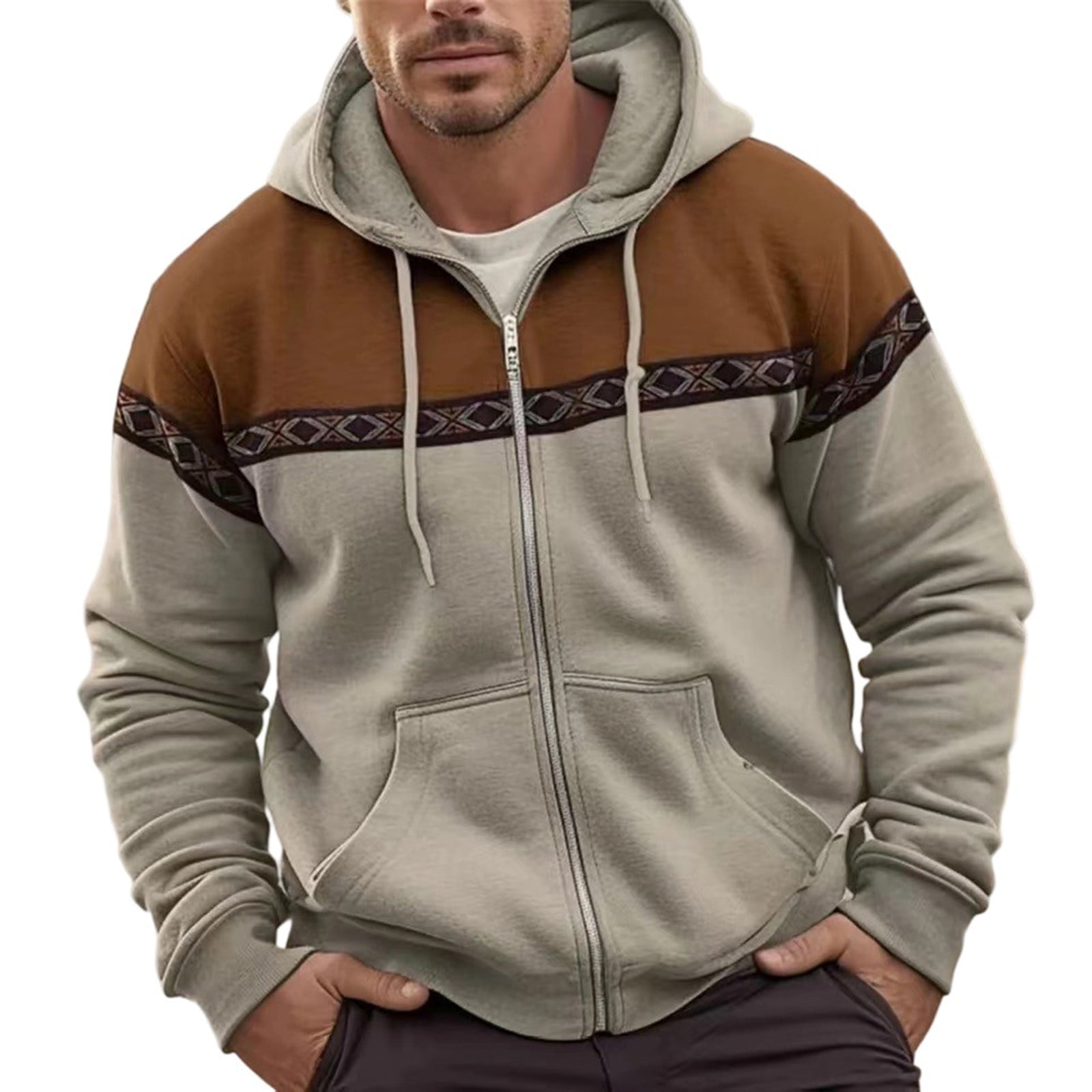 Dresfit Mens Western Aztec Pullover Patchwork Zip Up Hoodie Fall