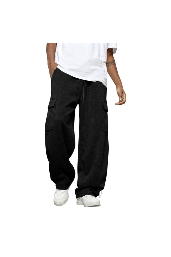 Mens Wide Leg Joggers Cargo Baggy Pants Loose Open Bottom Drawstring Sweatpants Heavyweight Elastic Waist Hiking Trousers with Pockets Black 3XL