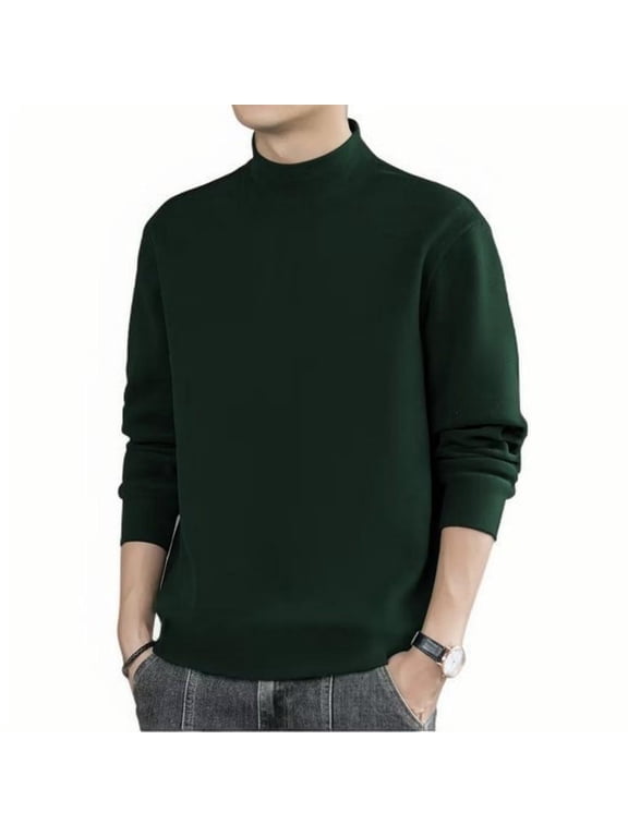 Mens Winter Sweaters Big and Tall Knitted Sweater Half High Neck Long Sleeve Crew Neck Thermal Underwear Solid Color Basic Thermal Wool Pullover Sweaters Dark Green 3XL