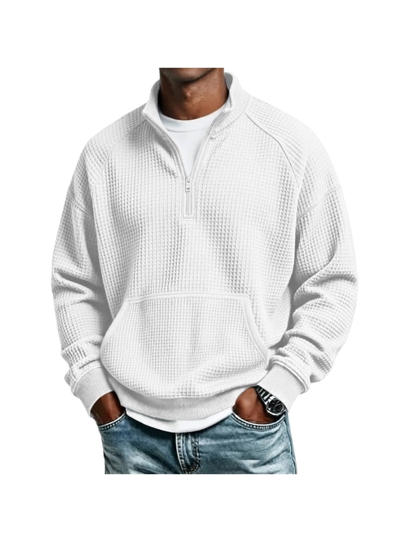 Mock Neck Sweatshirt for Men Waffle Collared Shirts Fall Long Sleeve Quarter Zip Pullover Adjustable Collared Sweatshirts with Kangaroo Pocket XL