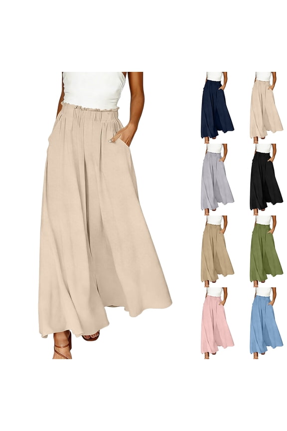 Palazzo Pants Woman Wide Leg Linen Pants 2026 Summer Baggy Flowy Pant Lightweight Plus Size Ruffle Lounge Trousers with Pockets L