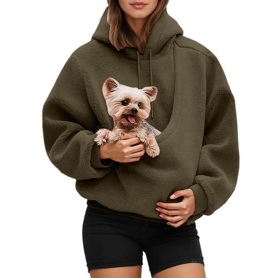 Dresfit Pet Pouch Sweatshirts Mens Womens Casual Hooded Pet Carrier Sweatshirts Sherpa Fleece Tops for Men Women Animal Holder Kangaroo Pocket Pullover Coffee XL
