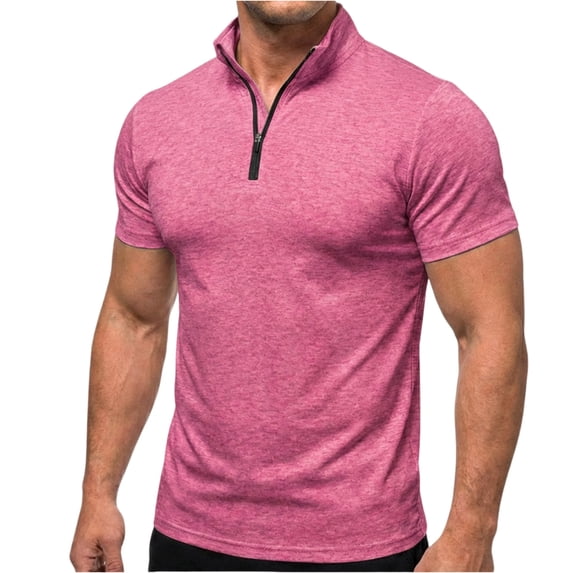 Dresfit Polo Pullover Mens Zipper Stand Collar Quarter Zip Shirt Summer 2026 Short Sleeve Cotton Relaxed Fit Business Tops Big and Tall Loose Tennis T Shirts Pink 3XL