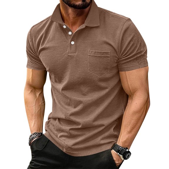 Dresfit Polo Shirts Men Collared Button Down Tennis Tees Short Sleeve Chest Pockets Big and Tall Business Tops Lightweight Patchwork T Shirts Brown 3XL