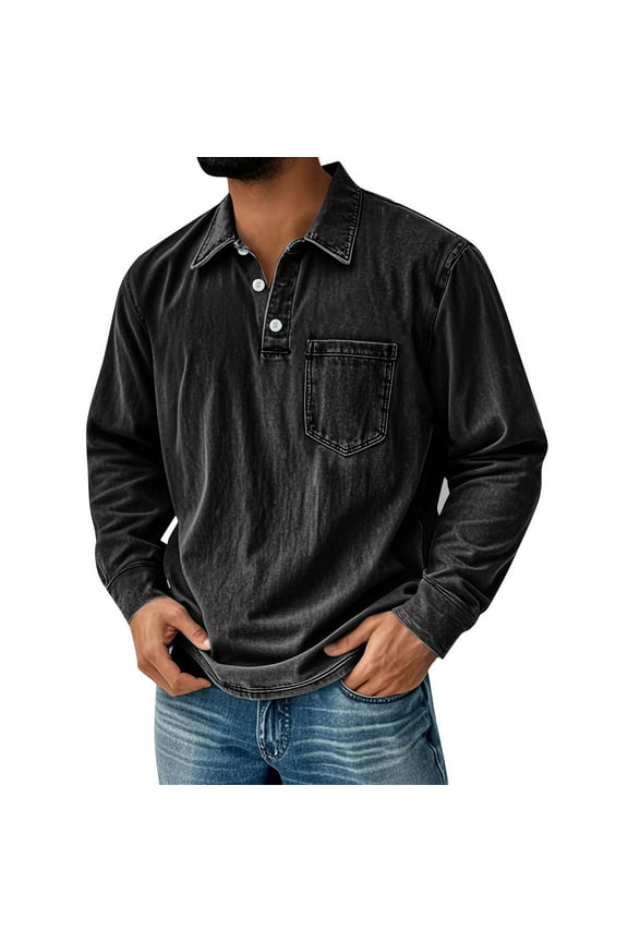 Polo Shirts Men Distressed Mokaloha Shirt Autumn Lapel Long Sleeve Vintage Tshirts Big and Tall Baggy Loose Henley Winter Tops Black 3XL