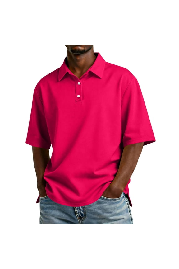 Polo Shirts for Men Short Sleeve Collared Tennis Tops Button Down Lightweight Patchwork Business T Shirts Chest Pockets Cotton Tees Hot Pink 3XL