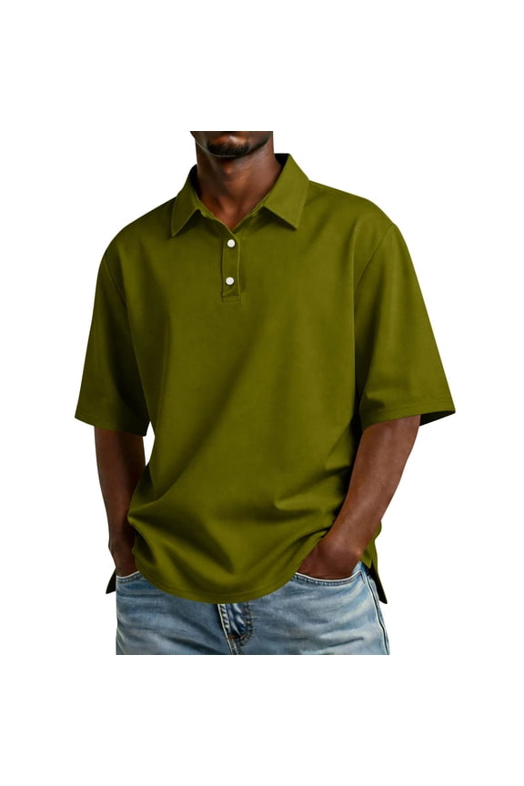 Polo Shirts Mens Collared Button Down Tennis Tops Short Sleeve Big and Tall Cotton Business Tees Lightweight Patchwork T Shirts Army Green 3XL