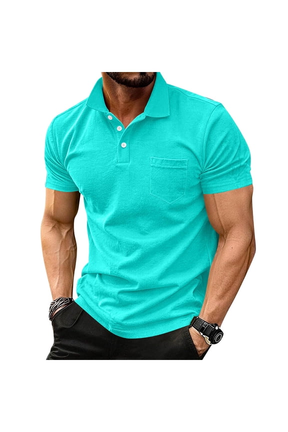 Polo Shirts Mens Collared Short Sleeve Golf Tops Button Down Chest Pockets Loose Tennis Tees Cotton Big and Tall T Shirts Cyan XL