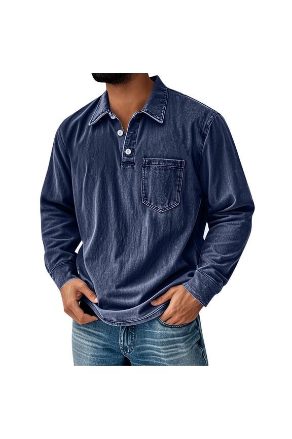 Polo Shirts Mens Long Sleeve Mokaloha Shirt Winter Distressed Lapel Vintage T Shirts Big and Tall Baggy Lounge Loose Autumn Tops Navy M