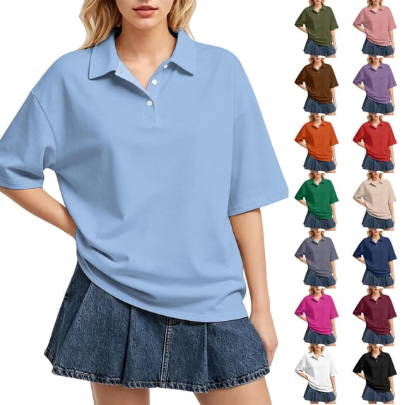 Dresfit Polo Shirts Womens Button Down Golf Shirts 2026 Summer Short Sleeve Collared Tennis Tops Oversized Solid Plus Size Golf T Shirts L
