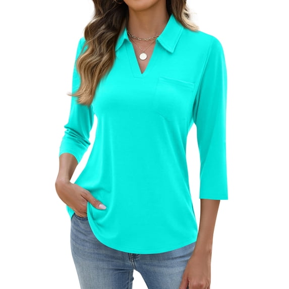 Dresfit Polo Shirts Womens Collared V Neck Dressy Tops 2026 Summer 3/4 Sleeve Plus Size Tennis Blouses Baggy Lapel Sun Protection Golf Basic Tees Turquoise S