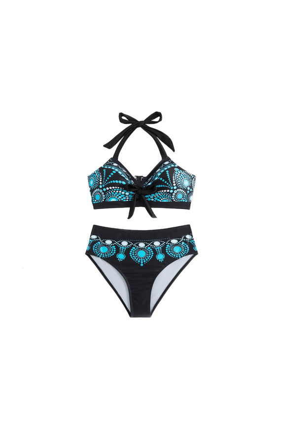 Printed Two Piece Bikini Set for Women - Floral Padded Top, Wireless & Sexy Cut Cyan 2XL