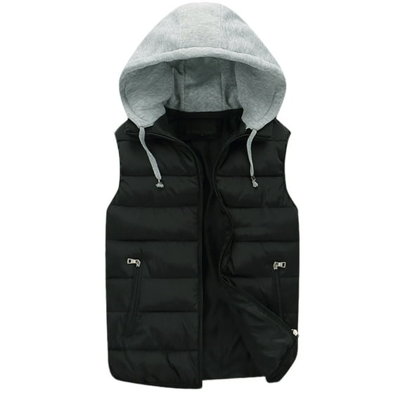 Dresfit Puffer Vest Men Zip Up Sleeveless Lightweight Jacket Hooded Big and Tall Warm Autumn Waistcoat Cotton Plus Size Quilted Outerwear with Pockets Black XL