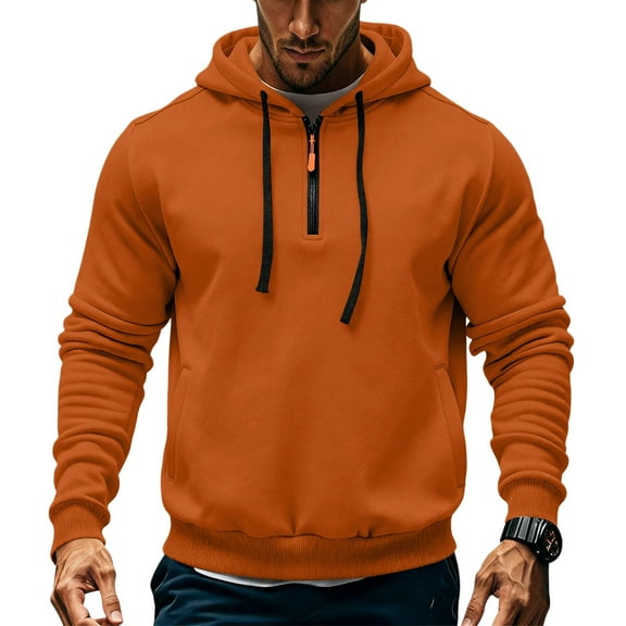 Dresfit Quarter Zip Hoodies Mens Drawstring Oversized Pullover Big and Tall 1/4 Zip Hooded Workout Sweatshirt Long Sleeve Half Zip Fashion Saffron XL