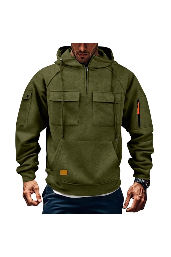 Quarter Zip Pullover for Men Fleece Tactical Hoodies Hooded Long Sleeve Travel Sweatshirts Winter Fall Warm Zip Up Zipper Sweatshirt Army Green XL