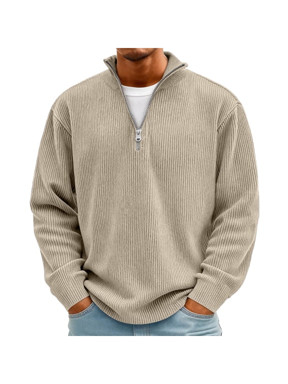 Quarter Zip Shirt Men Big and Tall Corduroy Shirts Henley Long Sleeve Fleece Sweatshirts Textured Loose Plus Size Mokaloha Shirts Khaki S