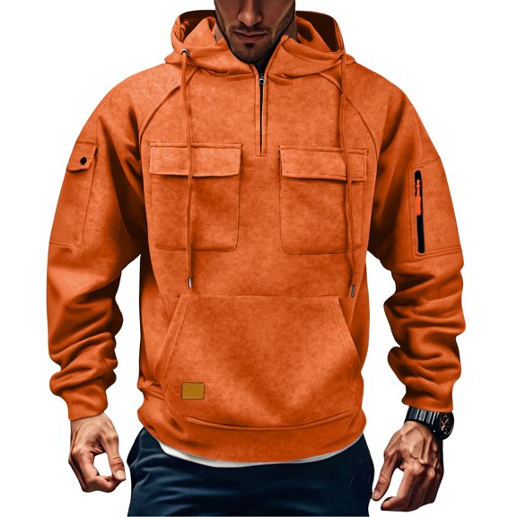 Dresfit Quarter Zip Sweatshirts for Men Hooded Big and Tall Pullover Long Sleeve Fleece Workout Hoodies Fall Winter Zip Up Cargo Lined Tops Orange L