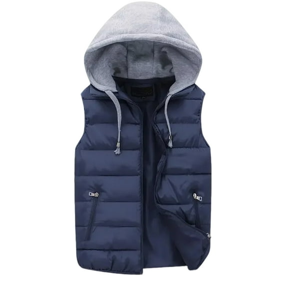 Dresfit Quilted Jacket Mens Hooded Zip Up Lightweight Jacket Sleeveless Warm Solid Color Autumn Waistcoat Cotton Plus Size Big and Tall Outerwear with Hood Navy XL