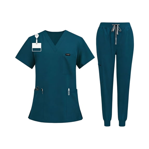 Dresfit Scrub Sets for Women V Neck Short Sleeve Scrub Tops Matching Drawstring Wide Leg Scrub Pants 2 Piece Sets Loose Plus Size Workwear L