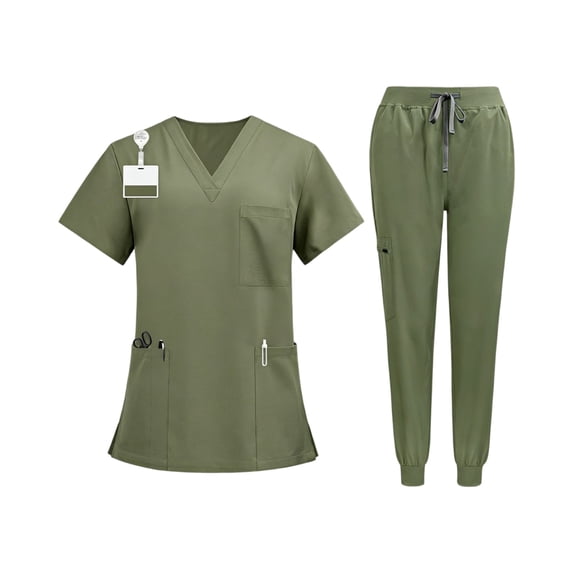 Dresfit Scrub Sets for Women V Neck Short Sleeve Scrub Tops Matching Wide Leg Drawstring Scrub Pants 2 Piece Sets Breathable Plus Size Workwear L