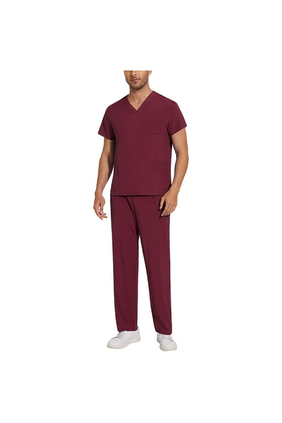 Scrubs Mens Multi Pocket Short Sleeve Scrubs Sets Anti Wrinkle Quick Dry Waistband V Neck Top and Cargo Pants Set Stretch Big and Tall Medical Workwear Wine #3 2XL