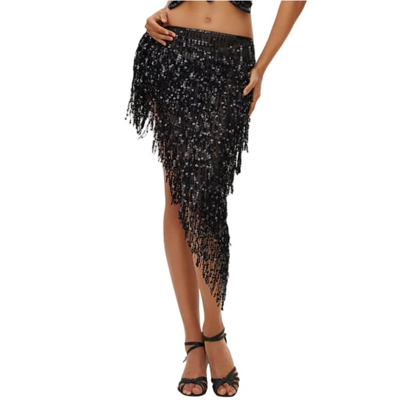 Dresfit Sequin Skirt for Woman Sparkly Belly Dance Outfit Paillette Tassels Mardi Gras Hip Scarf for Carniva Holiday Party Slim Fit Wrap Skirt with Rhinestones Black One Size