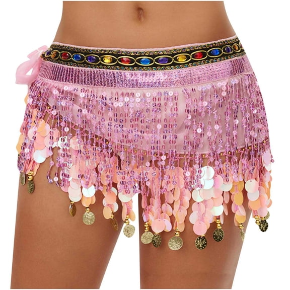 Dresfit Sequin Skirt for Women Sparkly Belly Dance Outfit Paillette Tassels Mardi Gras Wrap Skirt with Rhinestones Shiny Holiday Skirt for Carniva Holiday Party Pink One Size