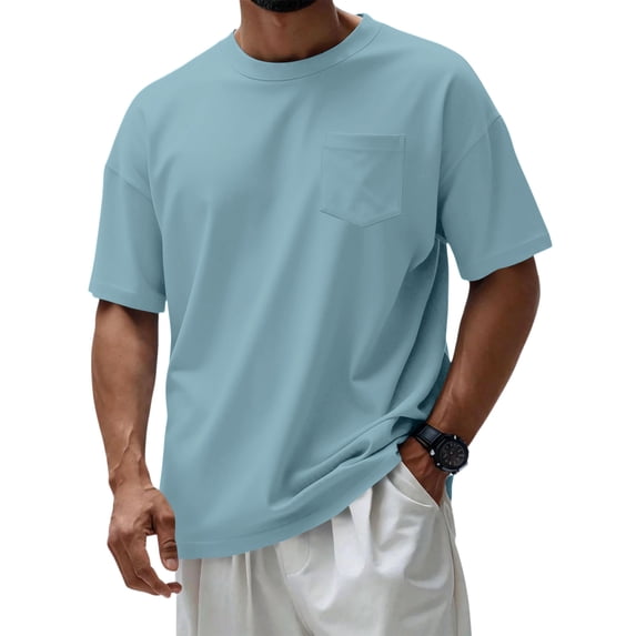 Dresfit Shirts Men Crew Neck Short Sleeve T Shirts Summer 2026 Big and Tall Solid Workout Shirt Loose Fit Oversized Cotton Tees Light Blue 2XL
