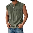 thumbnail image 1 of Dresfit Shirts Men Henley Washed Denim Tank Tops Summer 2026 Sleeveless Distressed Athletic Tees Relaxed Fit Big and Tall Button Up Workout Shirt Army Green M, 1 of 4