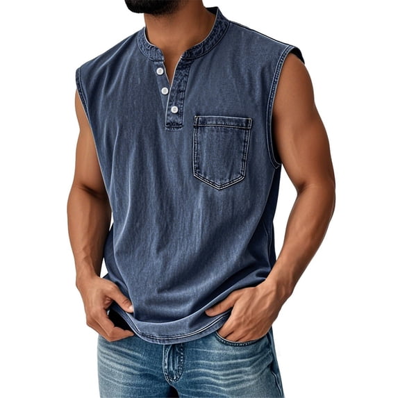 Dresfit Shirts Mens Sleeveless Washed Denim Tank Tops Summer 2026 Henley Distressed Muscle Tees Big and Tall Button Up Lightweight Workout Shirt Navy L