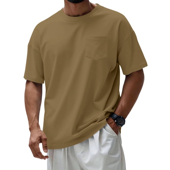 Dresfit Shirts for Man Crew Neck Short Sleeve T Shirts Summer 2026 Big and Tall Cotton Workout Tops Solid Basic Chest Pocket Tees Light Brown 3XL