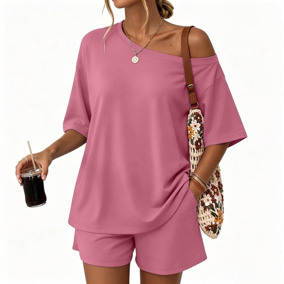 Dresfit Shorts Sets for Women Off Shoulder Crew Neck Short Sleeve Tops & Mini Shorts 2 Piece Outfits Summer 2026 Wrinkle Resistant Oversized Sweatsuits L