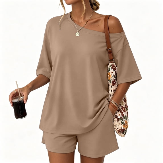 Dresfit Shorts Sets for Women Short Sleeve Crew Neck Off Shoulder Tops & Mini Shorts 2 Piece Outfits Summer 2026 Loose Wrinkle Resistant Outfits S
