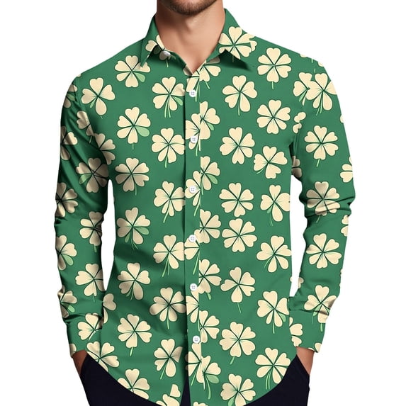 clover green dress shirt St. Patrick's Day Button Down For Men – Shamrock Print, Slim Fit Long Sleeve Casual Collared Top 2026 Festive Printed Party Shirt For Men Keeneland Fall