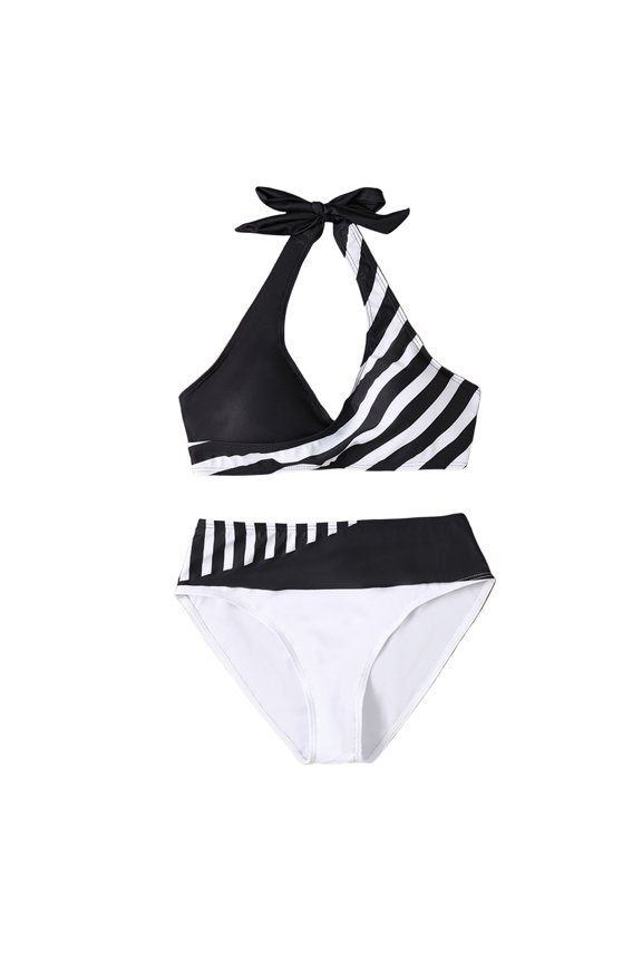 Striped Two Piece Bikini Set - Halter Top with Padded Cups, Wireless & Sexy Fit Multicolor 3XL