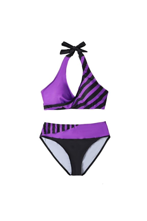 Striped Two Piece Bikini Set - Halter Top with Padded Cups, Wireless & Sexy Fit Purple M