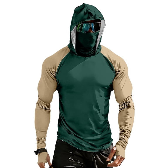 Dresfit Sun Shirts Mens Muscle Long Sleeve Fishing Shirt 2026 Summer Hooded Workout Pullover Sun Protection Upf 50+ Outdoor Hoodies with Face Mask Dark Green 2XL
