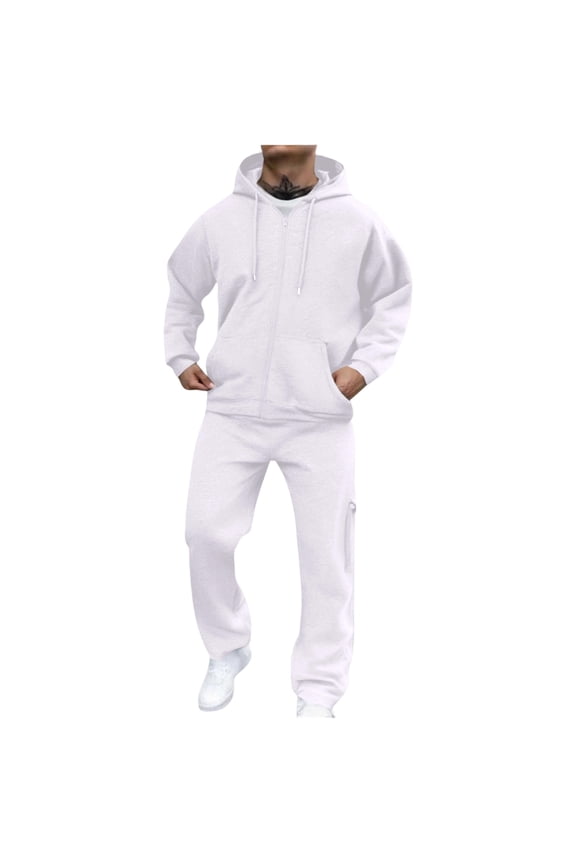 Sweat Suits Men Fall Big and Tall Full Zip Sweatpants and Hoodies Set Fleece 2 Piece Set Workout Streetwear Winter Long Sleeve Jogging Loungewear White #2 Polyseter