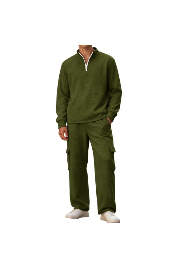 Sweat Suits Mens Fall Warm Sweatsuits Polo Sweatshirts & Cargo Sweatpants Drawsting Running Sweatsuits Sets Big and Tall Aheletic Loungewear Army Green 2XL