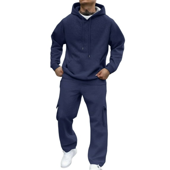 Dresfit Sweatsuit Men 2025 Drawstring Big and Tall Pullover Sweaters and Sweatpants Set Solid Long Sleeve Athletic Tracksuits Fall 2 Piece Set Gym Streetwear Navy #4 Polyseter