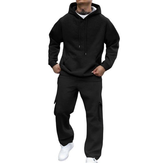 Dresfit Sweatsuit for Men Fall Drawstring Big and Tall Pullover Sweaters and Sweatpants Set Fleece Solid Workout Outfit Winter 2 Piece Set Gym Streetwear Black #4 Polyseter