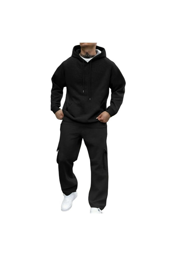 Sweatsuit for Men Fall Drawstring Big and Tall Pullover Sweaters and Sweatpants Set Fleece Solid Workout Outfit Winter 2 Piece Set Gym Streetwear Black #4 Polyseter