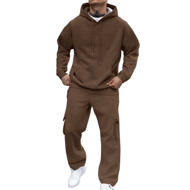 Dresfit Sweatsuits for Men Fall Drawstring Big and Tall Hoodies and Sweatpants Set Solid Fleece Workout Track Suits 2025 Long Sleeve Athletic Outfit Brown #4 Polyseter