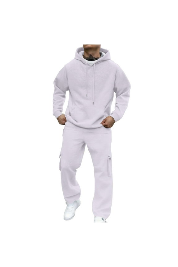 Sweatsuits Men Winter Big and Tall Drawstring Sweatpants and Hoodies Set Plain 2 Piece Set Workout Tracksuits Fall Solid Athletic Loungewear White #4 Polyseter