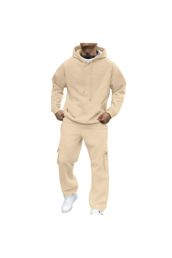 Sweatsuits Sets for Men Fall Drawstring Big and Tall Sweatpants and Hoodies Set 2 Piece Set Plain Jogging Outfit 2025 Long Sleeve Workout Streetwear Beige #4 Polyseter