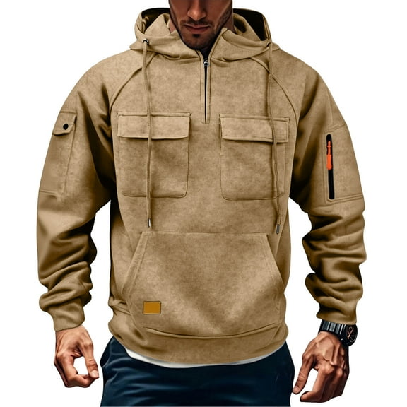 Dresfit Tactical Hoodies for Men Fleece Big and Tall Sweatshirts Hooded Long Sleeve Outdoor Pullover Winter Fall Warm Multi Pockets Zipper Tops Khaki 4XL