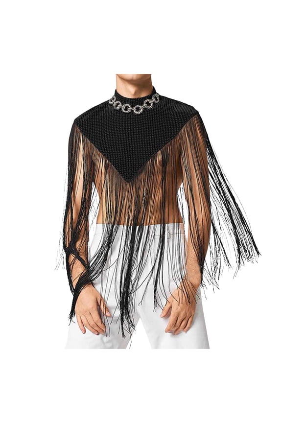Tank Top Men Summer Tassel Shrug Fringe Trim Vest Sequins Mock Collar Patchwork Clubwear Irregular Cape for Party Lover Black 4XL